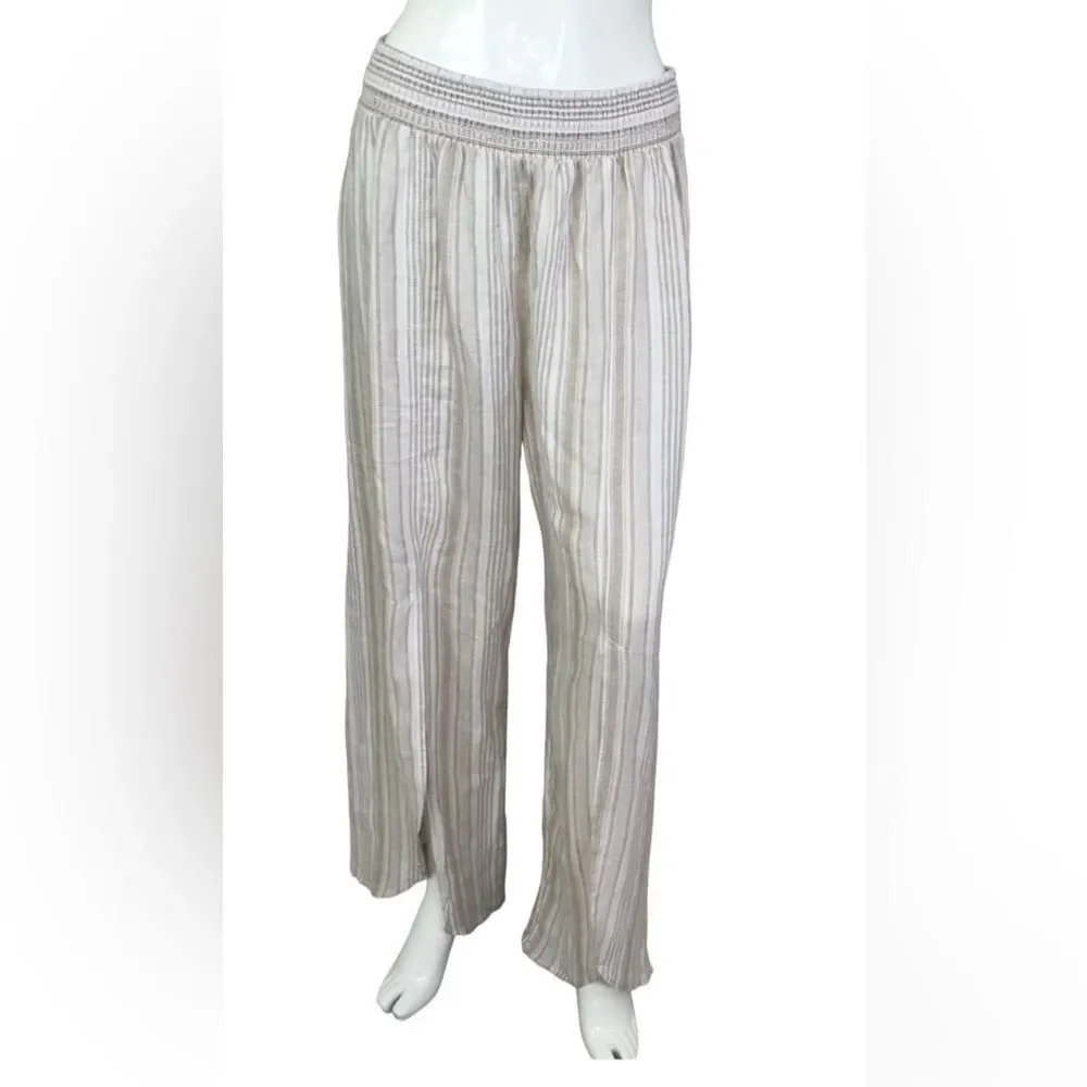 NEW Land n’ Sea Linen Rayon Tan Striped Wide Leg Spilt front Pull On Pants L